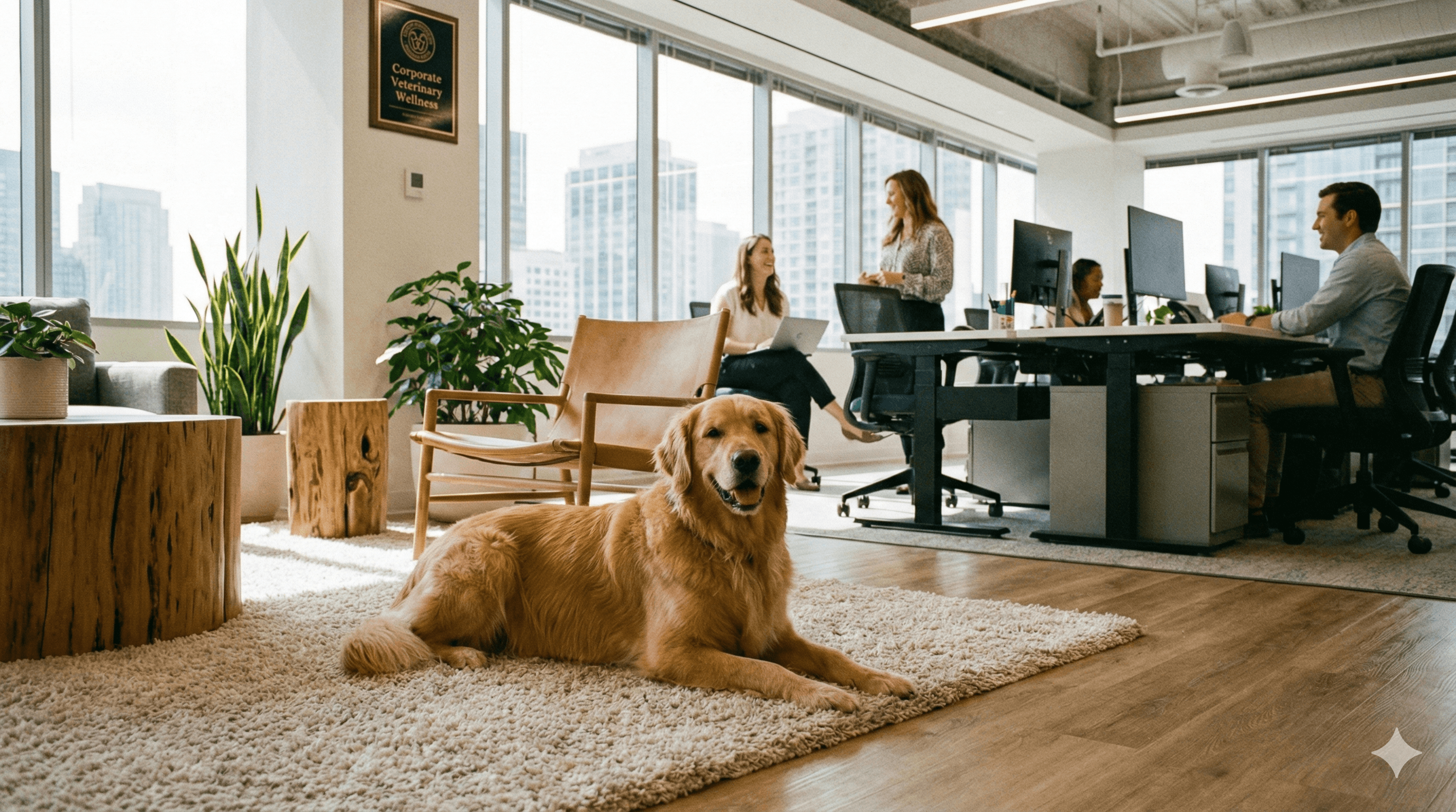 Perro en una oficina con equipo trabajando